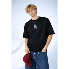 Caddekombin Erkek Geometrik Marine Tasarımlı Yuvarlak Yaka Siyah T-Shirt