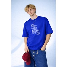 Caddekombin Erkek Stars Yazılı Ip Sanatı Tasarımlı Bisiklet Yaka Saks Mavi T-Shirt