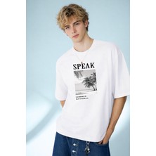 Caddekombin Erkek Speak Summer National Baskılı Palmiye Desenli Bisiklet Yaka Beyaz T-Shirt