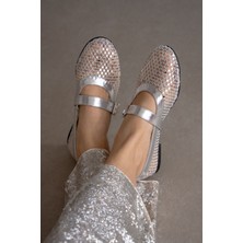 Selin Shoes Argente Örgü Dokulu Tül Detaylı Kadın Babet- Gümüş