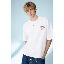 Caddekombin Erkek Cherry Tipografi  Baskılı Bisiklet Yaka Beyaz T-Shirt