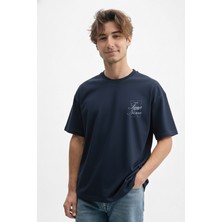Caddekombin Erkek None Baskılı 100 Yüz Pamuk Bisiklet Yaka Lacivert T-Shirt