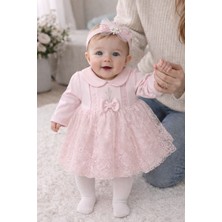 Bubiee Baby Kız Bebek Pembe Dantelli Mevlüt Elbisesi ve Bandana Takımı -Doğum Günü ve Özel Gün Elbisesi