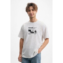 Caddekombin Erkek Soyut Figür Tasarımlı Bisiklet Yaka Gri T-Shirt