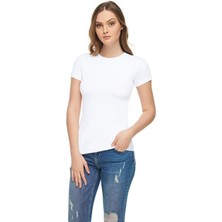 Elit Kadın Beyaz Sıfır Yaka Likralı Kısa Kol T-Shirt-Beyaz-Xl