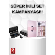 Poyraz Market Wireless Şarjlı Pembe Akıllı Saat ve Kablosuz Bluetooth Kulaklık Dokunmatik Kontrol