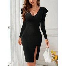 Stelol Kadın Uzun Kollu V Yakalı Yandan Yırtmaçlı Midi Ithal Krep Elbise