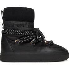Tommy Hilfiger Kadın Kalın Bağcıklı Deri Düz Taban Çoraplı Siyah Bot & Bootie FW0FW09260-BDS