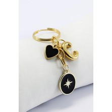 Biuti Siyah Cam Nazar Boncuğu Metal Kuzey Yıldızı Küçük Anahtarlık, C Harfi Minik Çanta Süsü