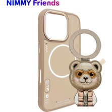 Nimmy iPhone 16 Pro Max Uyumlu 3D Değiştirilebilir Magsafe Stand Nakışlı Fermuarlı Ayıcık Aksesuar Kılıf