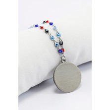 Biuti Cam Nazar Boncuklu Zincirli Çelik Çift Taraflı Ayetel Kürsi/ Nazar Ayeti Araba Dikiz Ayna Süsü