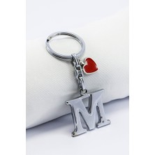 Biuti Kırmızı Metal Kalpli Gümüş Renkli Metal M Harfi Anahtarlık /minik Çanta Süsü
