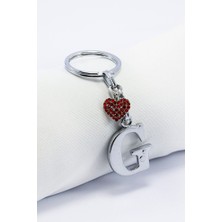 Biuti Kırmızı Parlak Kalpli Gümüş Renkli Metal G Harfi Anahtarlık /minik Çanta Süsü