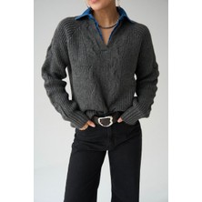 Kadın Kot Yaka Detaylı Triko Kazak – Antrasit, Uzun Kollu