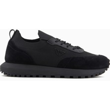 Emporio Armani Erkek Örme ve Süet Detaylı Burunlu Kartal Logolu Yuvarlak Siyah Sneaker EM003739 AF19724-MC005