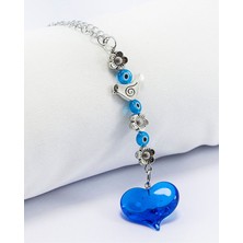 Biuti Turkuaz Murano Cam Kalp Nazar Boncuklu Gümüş Renkli Araba Dikiz Ayna Süsü, Sevgililer Günü