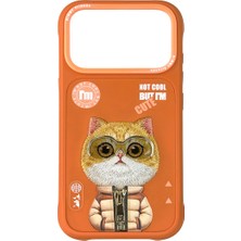 Nimmy iPhone 17 Pro Uyumlu Gerçek Nakış Fermuar ve Gözlüklü Kedili Cool Cute Turuncu Telefon Kılıfı