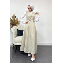 Tesettür Diyarı Kadın  Düğme Detaylı Jile Elbise-Bej