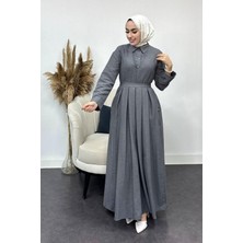 Tesettür Diyarı Içi Gömlekli Pileli Jile Elbise-Füme