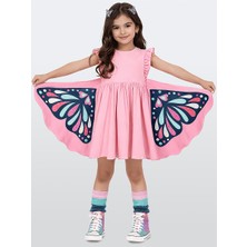 Denokids Kız Çocuk Elbise Pamuk Penye Pembe Kelebek Elbise Ilkbahar Yaz Sezonu 2-8 Yaş