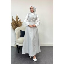 Tesettür Diyarı Kadın  Düğme Detaylı Jile Elbise-Gri