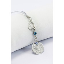 Biuti Gümüş Renkli Parlak Taşlı Kalp Cam Nazar Boncuklu Metal Ayet'el Kürsi Araba Dikiz Ayna Süsü