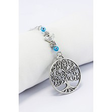 Biuti Gümüş Renkli Metal Kuşlu Çiçekli Hayat Ağacı Araba Dikiz Ayna Süsü, Turkuaz Nazarlık