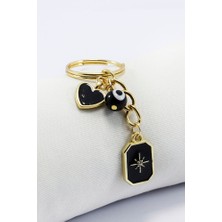 Biuti Siyah Cam Nazar Boncuğu Metal Kuzey Yıldızı Küçük Anahtarlık, Minik Çanta Süsü