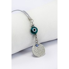 Biuti Zümrüt Yeşili Yassı Nazar Boncuğu Gümüş Renkli Metal Ayetel Kürsi Dualı Dikiz Ayna Süsü