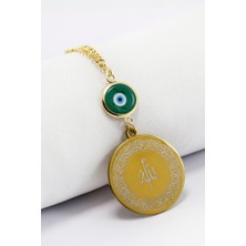 Biuti Yeşil Cam Nazar Boncuklu Gold Çelik Allah Lafzı Ayetel Kürsi Felak Nas Ihlas Dikiz Ayna Süsü (3,5cm)