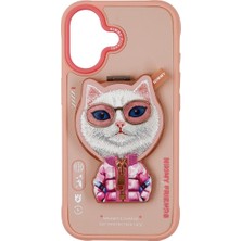 Nimmy iPhone 17 Uyumlu | MagSafe Destekli Manyetik Nakışlı Gözlük Zincirli Pembe Kedili Kılıf 2.0