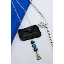 Biuti Hakiki Deri Çıtçıtlı Cevşen Araba Dikiz Ayna Süsü Zümrüt Yeşili ve Siyah Cam Nazar Boncuklu Püsküllü