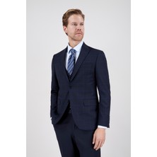 Paco Romano Erkek Slim Fit Sivri Yaka Lacivert Ekose Kombin Yelekli Takım Elbise