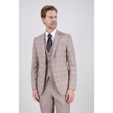 Paco Romano Erkek Slim Fit Mono Yaka Ekose Açık Kahverengi 8 Drop Kombin Yelekli Takım Elbise