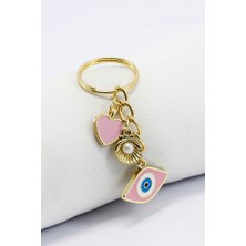 Biuti Pembe Nazar Boncuğu Gold Pembe Metal Kalp Küçük Anahtarlık, Minik Çanta Süsü