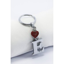 Biuti Kırmızı Parlak Kalpli Gümüş Renkli Metal E Harfi Anahtarlık /minik Çanta Süsü