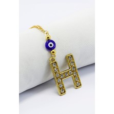 Biuti Gold Renkli Parlak Taşlı Yassı Cam Nazar Boncuklu H Harfi Araba Dikiz Ayna Süsü, Yeni Araba Hediyesi