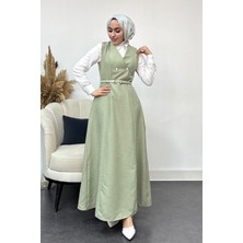 Tesettür Diyarı Kadın  Düğme Detaylı Jile Elbise-Mint Yeşili