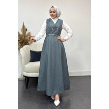 Tesettür Diyarı Kadın  Düğme Detaylı Jile Elbise-Turkuaz