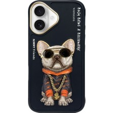 Nimmy iPhone 16 Uyumlu Kılıf 3D Nakış Işleme Kabartmalı Köpek Figürlü Zincir ve Gözlük Detay Lüks Silikon