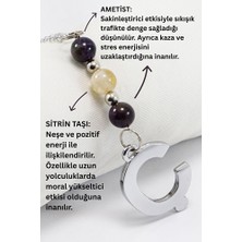 Biuti Doğal Taşlı Gümüş Renk Ç Harfi Araba Dikiz Ayna Süsü, Ametist, Sitrin Taşlı Zincirli Araba Hediyesi