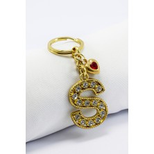 Biuti Kırmızı Parlak Kalpli Gold Renkli Kristal Taşlı Metal S Harfi Anahtarlık /minik Çanta Süsü