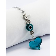 Biuti Zümrüt Yeşili Murano Cam Kalp Nazar Boncuklu Gümüş Renkli Araba Dikiz Ayna Süsü, Sevgililer Günü