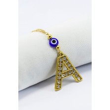 Biuti Gold Renkli Parlak Taşlı Yassı Cam Nazar Boncuklu A Harfi Araba Dikiz Ayna Süsü, Yeni Araba Hediyesi