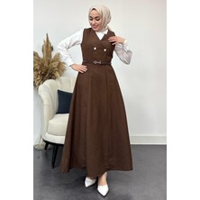 Tesettür Diyarı Kadın  Düğme Detaylı Jile Elbise-Kahverengi