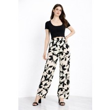 Liberty Boutique Kadin Siyah Beyaz Yaprak Desenli Rahat Kesim Bol Paça Palazzo Pantalon