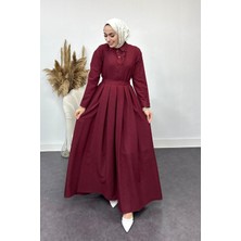 Tesettür Diyarı Içi Gömlekli Pileli Jile Elbise-Bordo