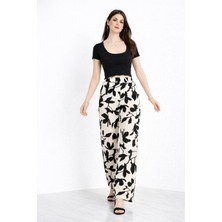 Liberty Boutique Kadin Siyah Beyaz Yaprak Desenli Rahat Kesim Bol Paça Palazzo Pantalon