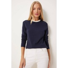 Elwes Kadın Giyim Şerit Yaka Düz Lacivert Bluz