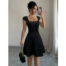 Stelol Kadın Kısa Kollu Geometrik Yakalı Janjan Krep Elbise